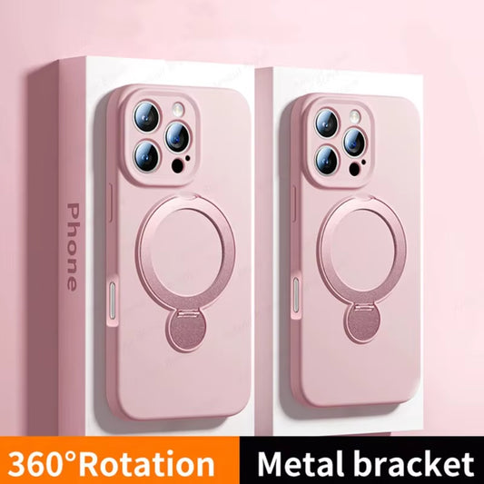 Magsafe Liquid Silicone case with 360°Rotate Metal Ring Stand Cover
