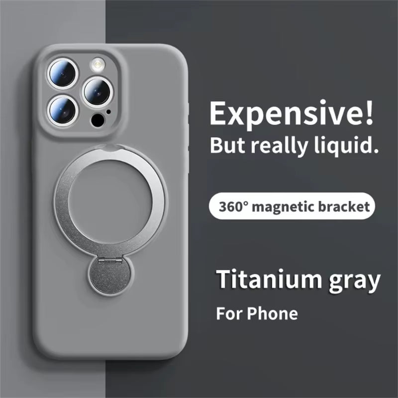Magsafe Liquid Silicone case with 360°Rotate Metal Ring Stand Cover