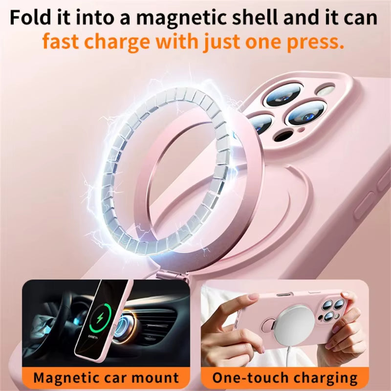 Magsafe Liquid Silicone case with 360°Rotate Metal Ring Stand Cover