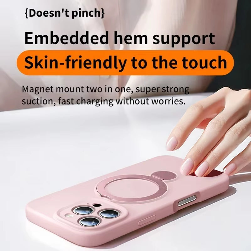 Magsafe Liquid Silicone case with 360°Rotate Metal Ring Stand Cover