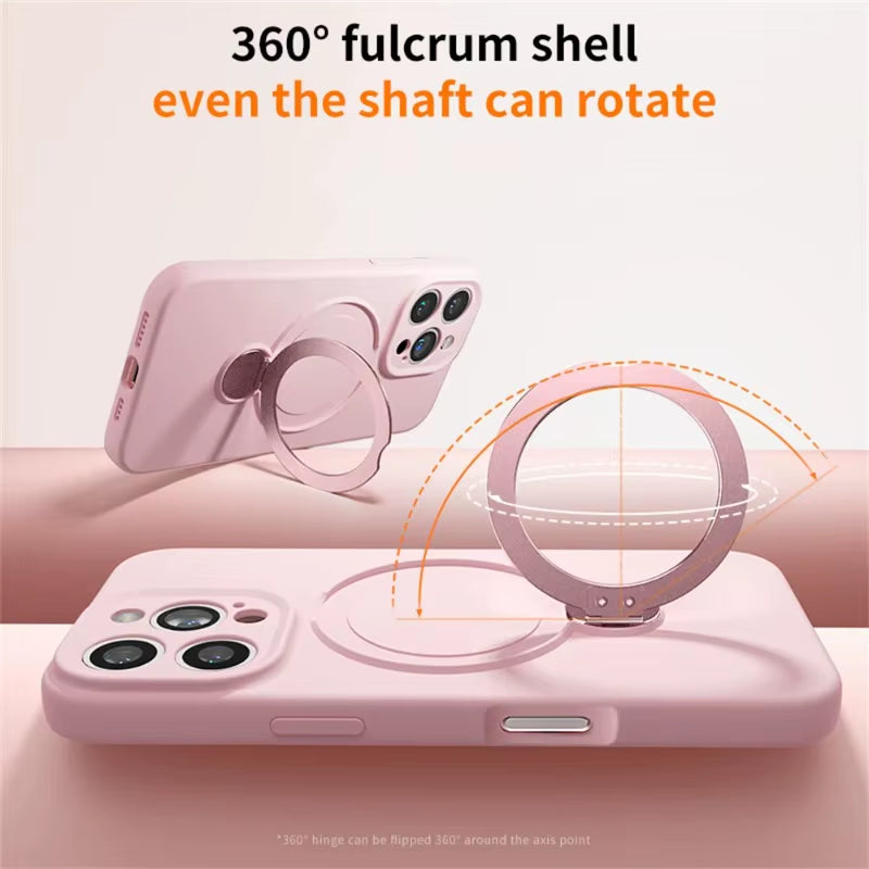 Magsafe Liquid Silicone case with 360°Rotate Metal Ring Stand Cover